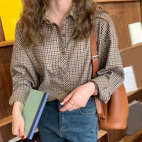 Plaid Shirts Women Elegant Turn Down Collar Retro Loose Top Office Lady Korean Style Long Sleeve Blouses Female Clothes 2021 New