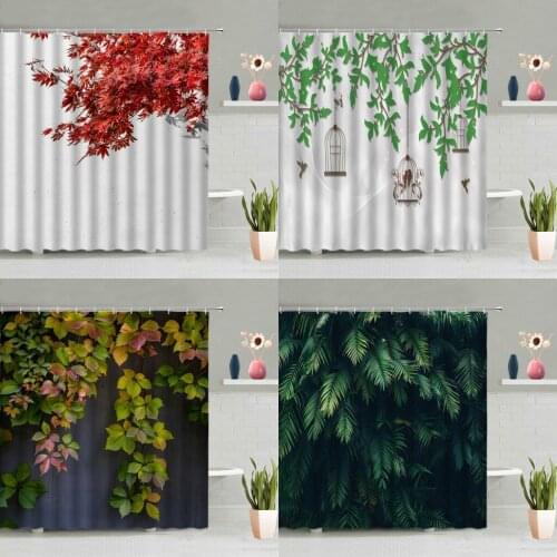 Tropical Plant Green Leaves Shower Curtain Red Maple Monstera Palm Leaf Clover Starry Sky Pattern Bathtub Decor Screen Washable