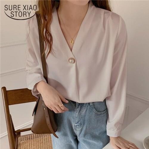 Office Lady Long Sleeve Women Blouse and Tops Beading 2021 V Neck Chiffon Women Shirts Plus Size Loose Female Clothing 13168