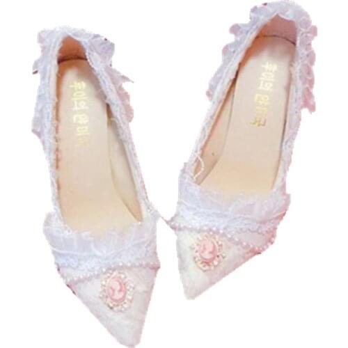Wedding white lace ladies high heels pointed head court retro lolita princess Vintage Sweet Lolita Shoes Kawaii Girl Tea Party