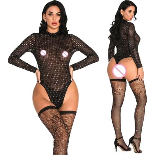Women Sexy Lingerie Set Erotic Underwear Transparent Babydoll Long sleeve Bodysuit Bodystocking Playsuit Jumpsuit Teddy Crystal