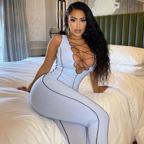 2021 New Lace Up Deep V Neck Ribbed Rompers Womens Jumpsuit Sleeveless Sporty Skinny Athleisure Workout Summer Jumpsuits Fashion