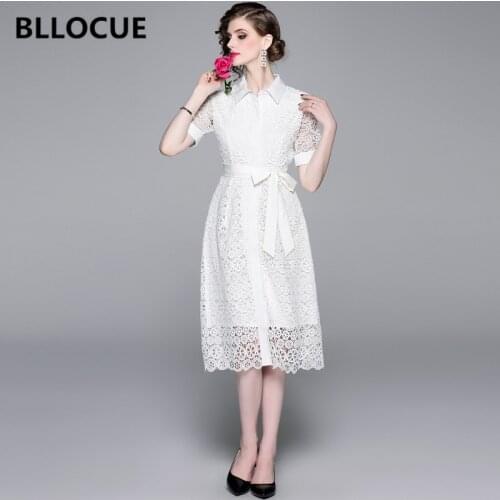 BLLOCUE Runway Women Hollow Out Crochet Flower Water Soluble Lace Dress 2020 Summer Female Bow Collar Short Sleeve Midi Dres