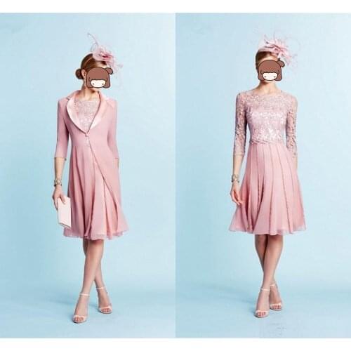 Pink Mother Of The Bride Dresses Long Sleeves Mothers Dress With Jacket Chiffon Weddings Guest Gowns Knee Length Women Formal