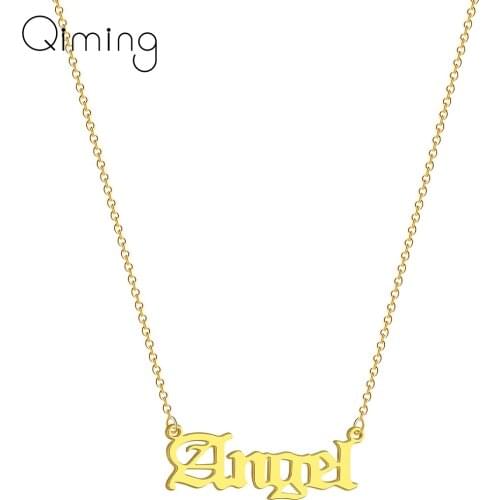 Stainless Steel Baby Angle Pendant Necklaces For Women Gold Old Style English Words Vintage Statement Necklace Girls Gift