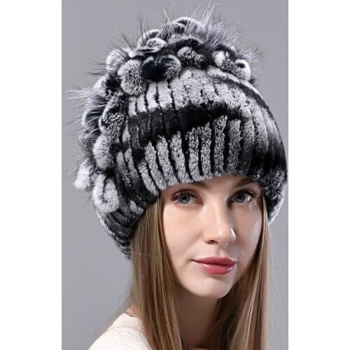 Winter Hats Women Natural Rabbit Fur Rex Beanies Floral Elastic Fluffy Female Stylish Warm Fur Hats