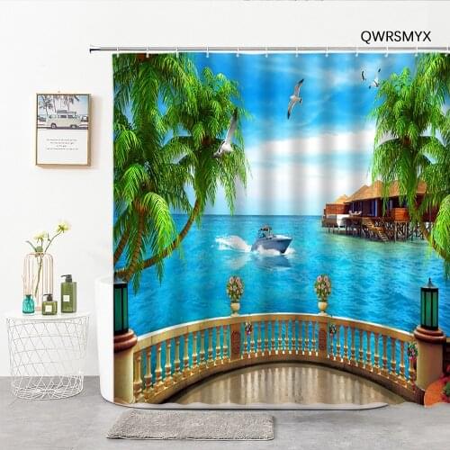 3D Ocean Scenery Outside The Window Shower Curtains Hook Landscape Bathroom Curtain Home Background Wall Decor Bathroom Products