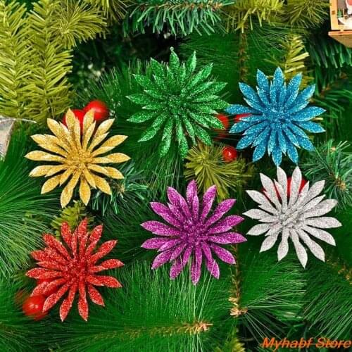4/6pcs Glitter Artificial Flowers Merry Christmas Ornaments Christmas Tree Decorations for Home New Year Wedding Party Decor