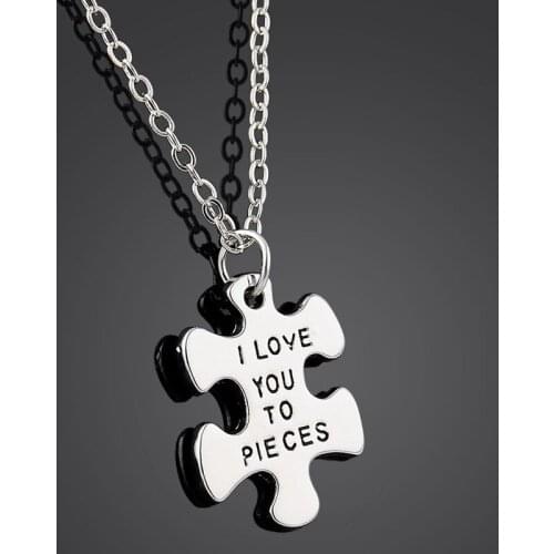 Bespmosp 24PCS/Lot Wholesale Vintage Design Letter"I Love You To Pieces"Puzzle Pendant Necklace Fashion Couple Family Jewelry