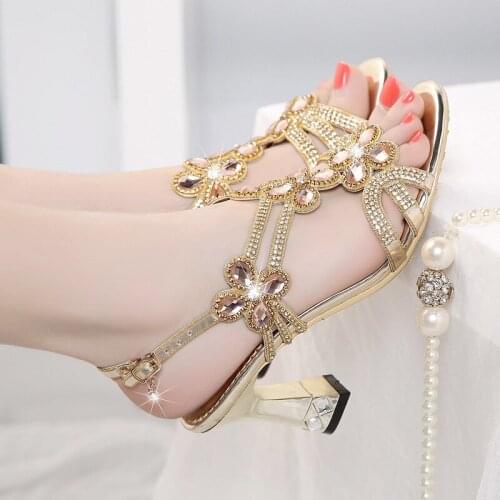 Genuine Leather Glitter Women Open Toe Sandals High Heels Party Shoes Gladiator Sandals Wedding Shoes Summer Rhinestone Sandals