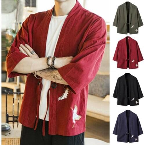 Mens Casual Loose Oversized Kimono Cardigan Street Man Shirt 2020Selling Short 3/4 Sleeve Stand-Up Collar Solid Color