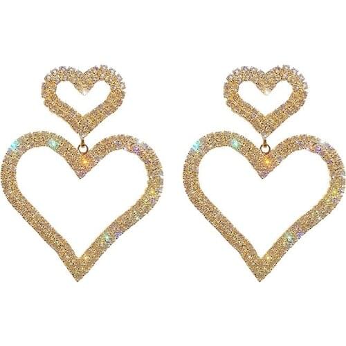Crystal Exaggerated Fashion Crystal Double Heart Earrings Contracted Joker Long Women Drop Earrings Jewelry 2020 Wedding Gifts