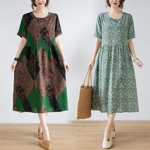 Summer Clothing 2021 New Women Cotton And Line Long Robe Dress Print Literary Drawstring Waist Plaid Short Sleeve Dress zh559