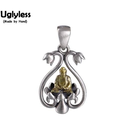 Uglyless Meditate Buddha Pendant No Chains Real 925 Silver Monk Studs Earrings Thai Silver Lotus Jewelry Sets Buddhistic Gifts