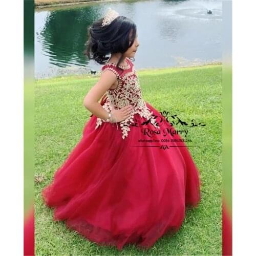 Lovely Red Gold Lace Girls Pageant Dresses For Wedding 2020 Cupcake Plus Size Cheap Girls Birthday Party First Communion For Kid