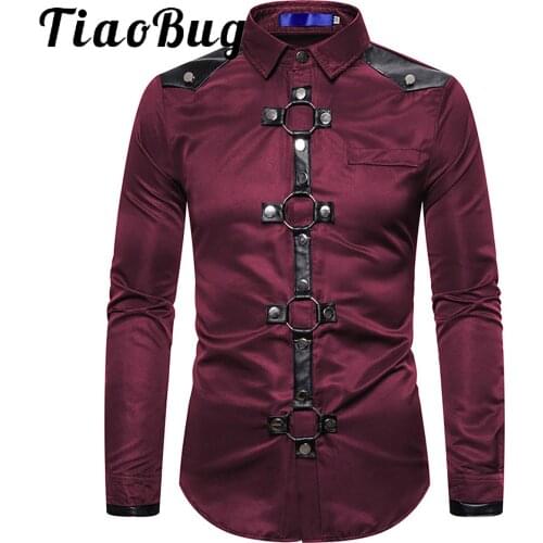 Men Streetwear T Shirts Punk Gothic O Ring Rivet Decor Long Sleeve Shirt Top Man Rock Concert Stage Performance Clubwear Costume