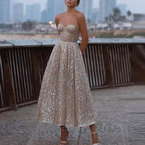 New Sexy Deep V Tube Top Glittering Line Short Sweetheart Halter Ankle Long Bridal Dress Shiny 2021 Party Dress