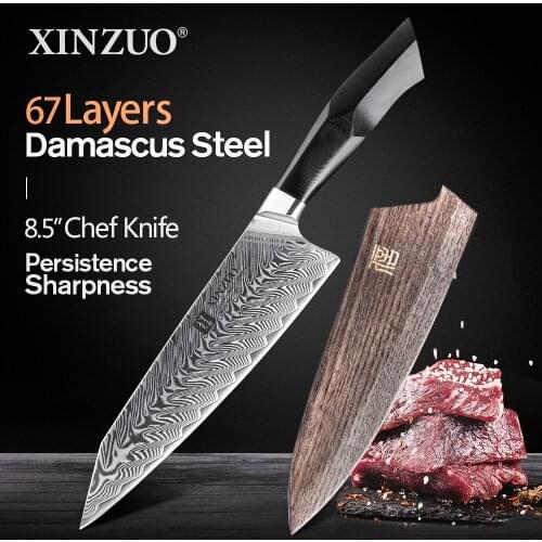 XINZUO 8.5" inches Chef Knife Damascus Super Steel Sharp Kitchen Santoku VG10 Gyuto Knives Beautiful Gift Box with G10 Handle