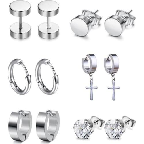 6 Pairs/Set Stainless Steel Punk Piercing Earrings Hip Hop Rock Ear Studs Unisex Dropshipping