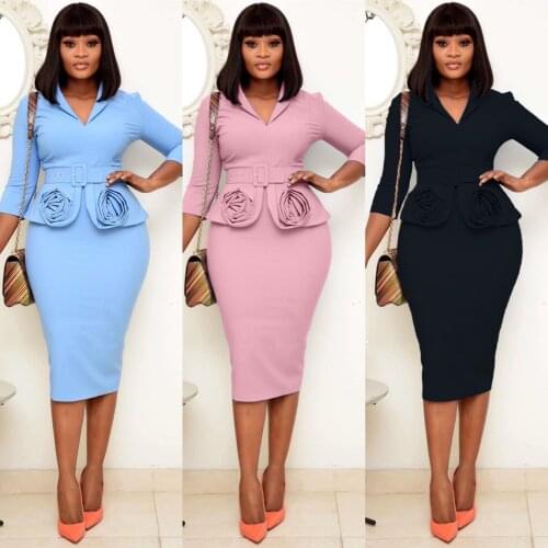 Elegant African Dress Women 2021 Summer Office Lady Work Midi Pencil Dress High Waist Business Robe Femme Vestidos With Belt