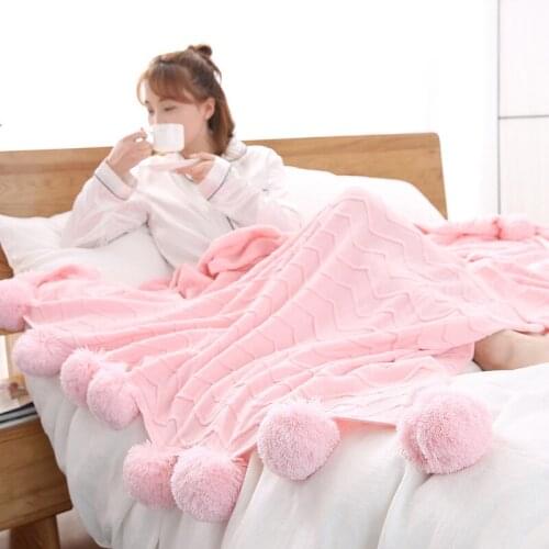 Throw Blanket for Couch Knit Blanket with Pom Poms Fuzzy Fluffy Plush Soft Cozy Warm Knitted Cover Decorative Cotton Blanket