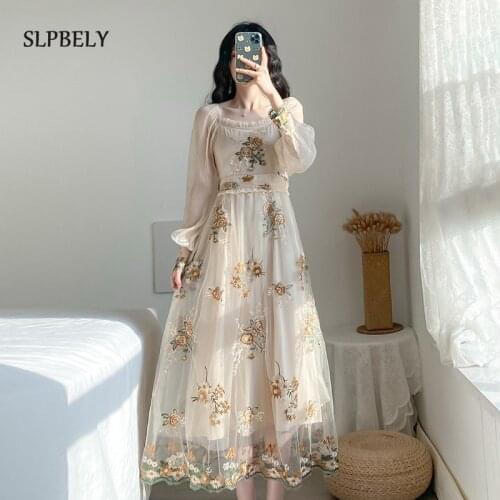 SLPBELY Floral Embroidery Dress French Vintage Retro Square Collar Long Sleeve Mesh Party Dress Sweet Long Dress Vestido 2021