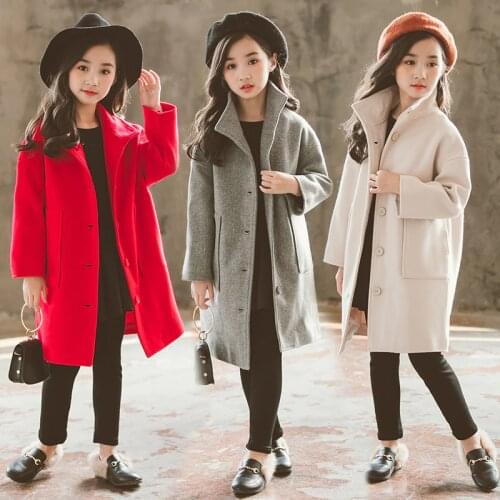 2019 Autumn Winter Girls Woolen Coat Fashion Design Long Coat for Girls Kids Outerwear Jacket RT178