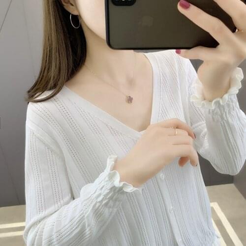 T area 16 right 】 7417 film ice silk skirt agaric edge hollow out v-neck knitted cardigan 37