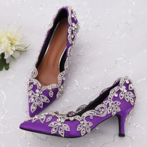 Party Shoes Diamond Floral Decorations Handmade High Heel Shoes Purple Satin Surface Luxury Banquet Annual General Meeting Shoes