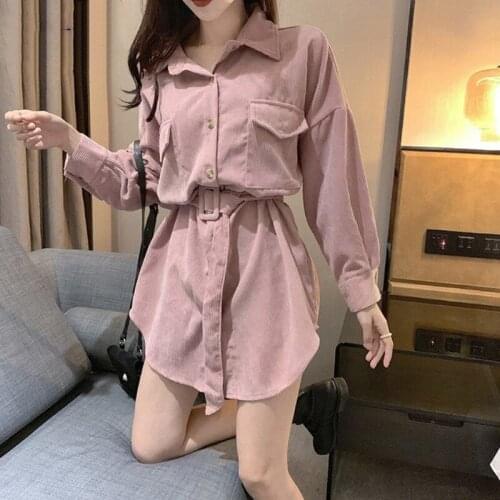 Women long shirt sash corduroy high street Female Loose ivory pink solid turn down collar long sleeve full sleeve tops