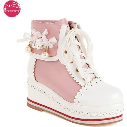 Women Kawaii Lolita Boots Lace-Up Ankle Bootie Wedges Platform Outdoor Cosplay Dress Shoes with Pearl Sring Bead Plus Size 34-48