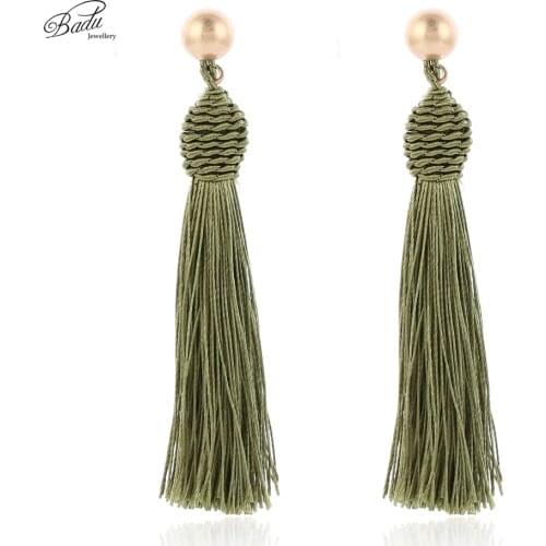 Badu Long Tassel Earrings for Women Vintage Silk Fringe Dangle Drop Earring Army Green Red White Colors Ear Jewelry