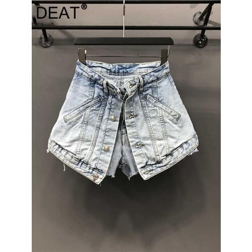[DEAT] Solid Hot Pants Womens Fake Two Pieces Of High Waist A-line Thin Denim Shorts Street Style Mall Goth 2021 Summer GX471