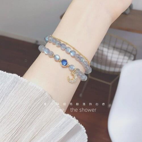 Natural Stone Bead Bracelets For Women Moonstone Bracelet Jewelry Female Kyanite Bead Double Circle Moon Star Adjustable Gift