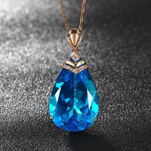BLACK ANGEL 18k Rose Gold Sky Blue Topaz Sapphire Pendant Necklace For Women Sapphire Birthstone Water Drop Shape Choker Jewelry