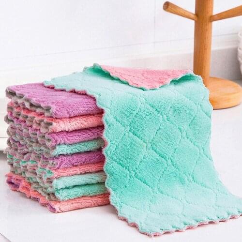 2/4Pcs Double-layer Scouring Pad Absorbent Microfiber Kitchen Dish Washing Cloth Fleece Non-stick Oil Absorbent Cleaning Towel