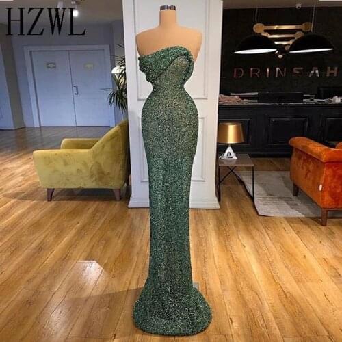 Attractive Dark Green Shiny Sequined Prom Dresses Strapless Ruffle Mermaid Evening Gown 2020 Formal Party Wear suknie wieczorowe