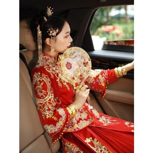 Double dough fan bride fan wedding ceremony Xiuhe clothing Chinese wedding bouquet antique handmade hi fan gift box