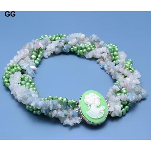 GuaiGuai Jewelry 7 Rows Natural Green Baroque Pearl Real Stone Aquamarine Moonstone Chips Beauty Clasp Necklace For Women