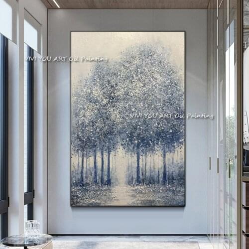 Winter View Blue Tree Art Paintings Hand Painted Modern Large Abstract Oil Painting on Canvas Picture For Living Room Home Decor