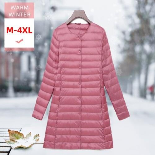 M-4XL New Women Long White Duck Down Jacket Female Ultra Light O Neck Slim Casual Feather Coat Soft Windproof Warm Liner Outwear
