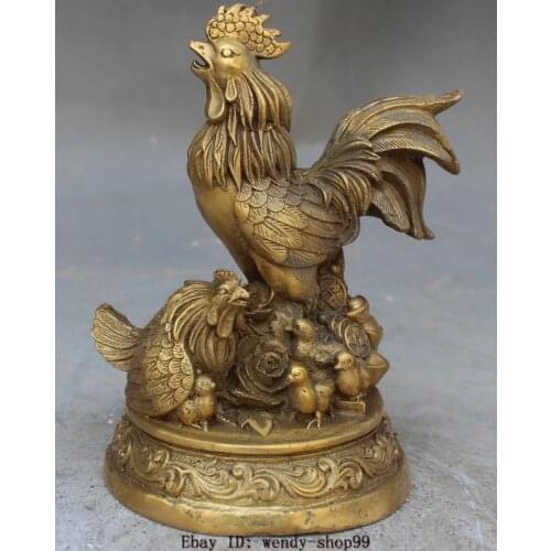 6" China Bronze Brass fengshui animal Cock Rooster Chicken yuanbao wealth statue Garden Decoration 100% real Brass Bronze
