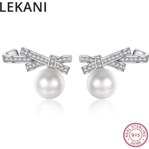LEKANI Cute Bowknot Stud Earrings Crystals From Swarovski Pearls Piercing Real S925 Silver Fine Jewelry For Women Lovers Gifts