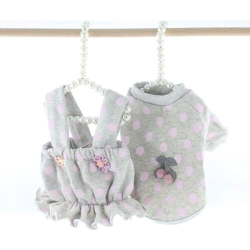 Summer Dog Clothes Gray Polka Dots Skirt Suit Flower Cherry Soft Korean Style Sweet Clothes for Dogs