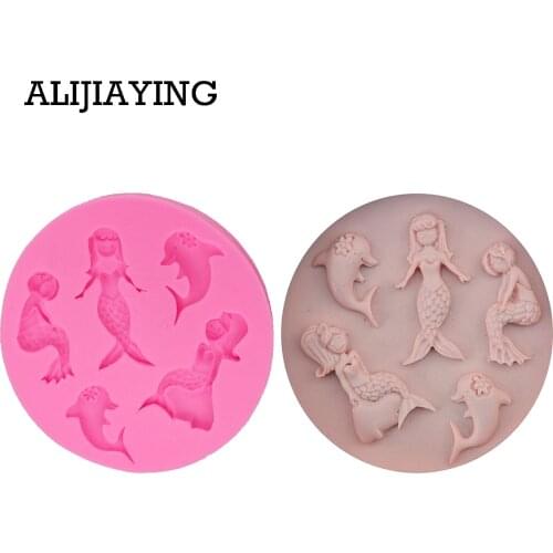 M0255 1Pcs Fondant Cartoon mermaid Silicone Mold dolphin Fondant Baking Tools Chocolate Cake Decorating Mold