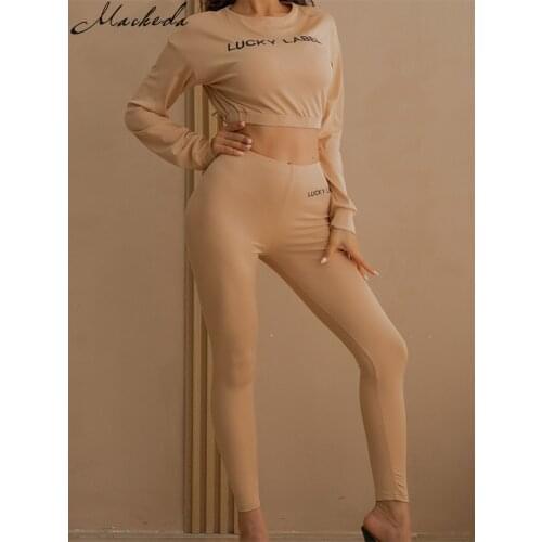 Macheda Autumn new letter-printed sports and leisure suit, navel revealing tight pants fitness sports and leisure suit for women