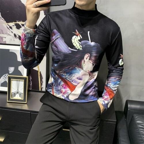 Fashion 2020 Autumn New Print T-Shirts Men Clothing All Match Long Sleeve Mens Casual T-Shirts Slim Fit Pullovers Turtleneck Men