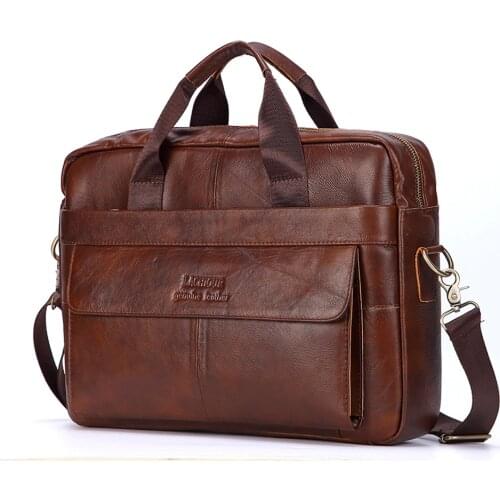 Men Genuine Leather Handbag Fashion Office 14 inch Laptop Briefcase Bag Male Computer Shoulder Bags Mens Business Document Bag