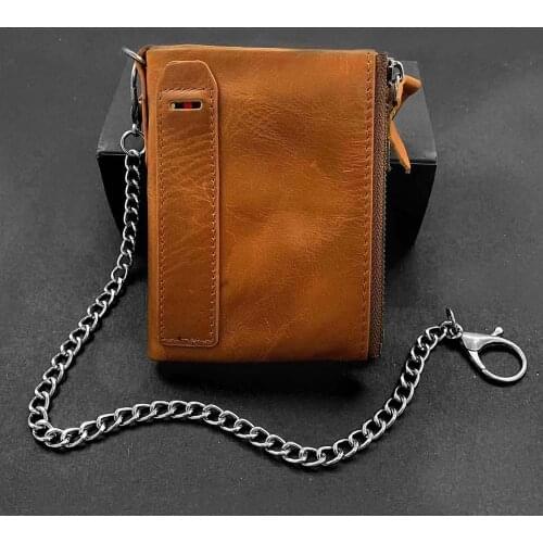 Men Soft Genuine Leather RFID Blocking Card Wallet Zip Cash Coin Pocket w/Chain