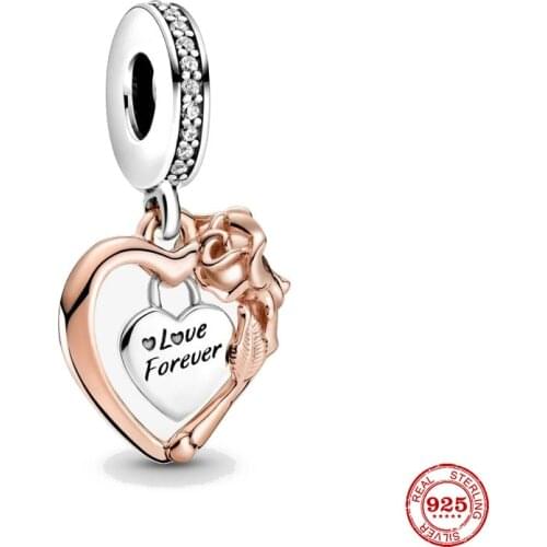 New Original Silver Color Heart & Rose Flower Dangle diy Bead Fit European Pandora Charms Bracelet Bangles Diy Jewelry P372